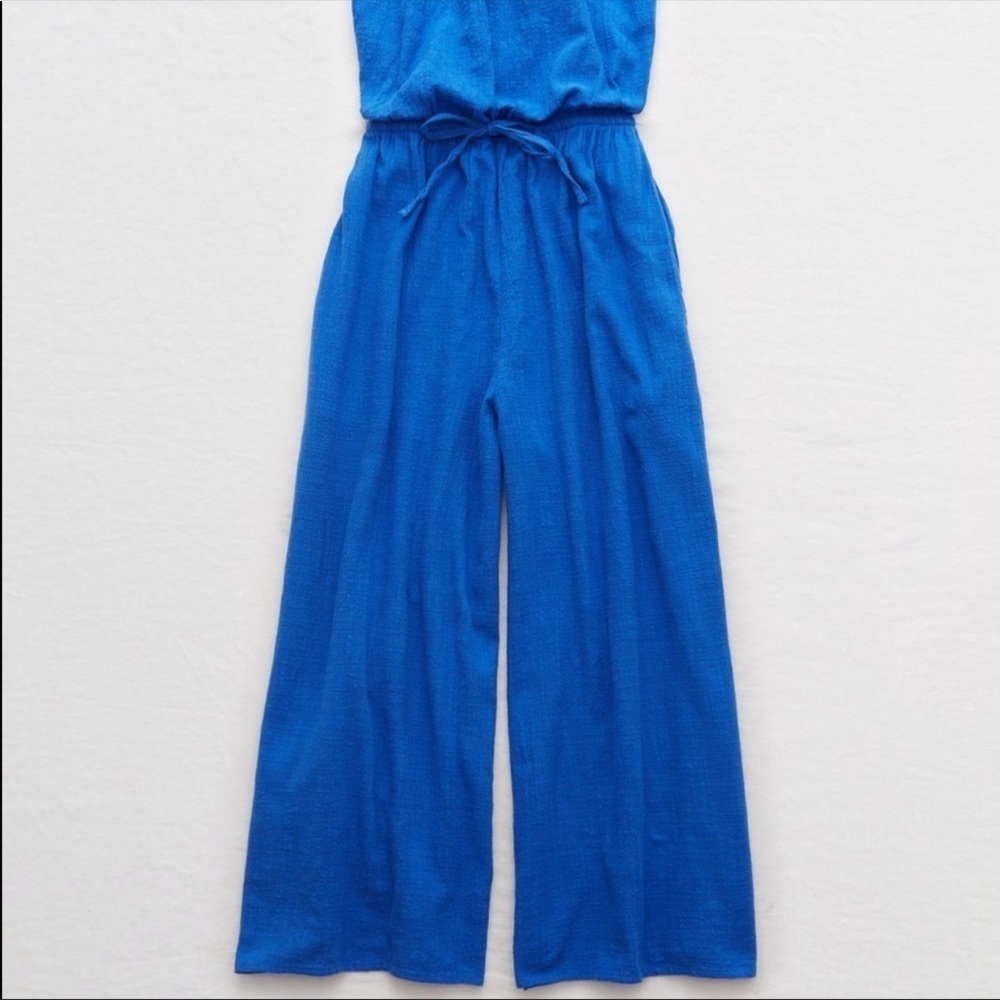 Aerie by American Eagle Blue Jumpsuit Strapless Wide Leg Cotton Cropped Jumper - Picture 2 of 4